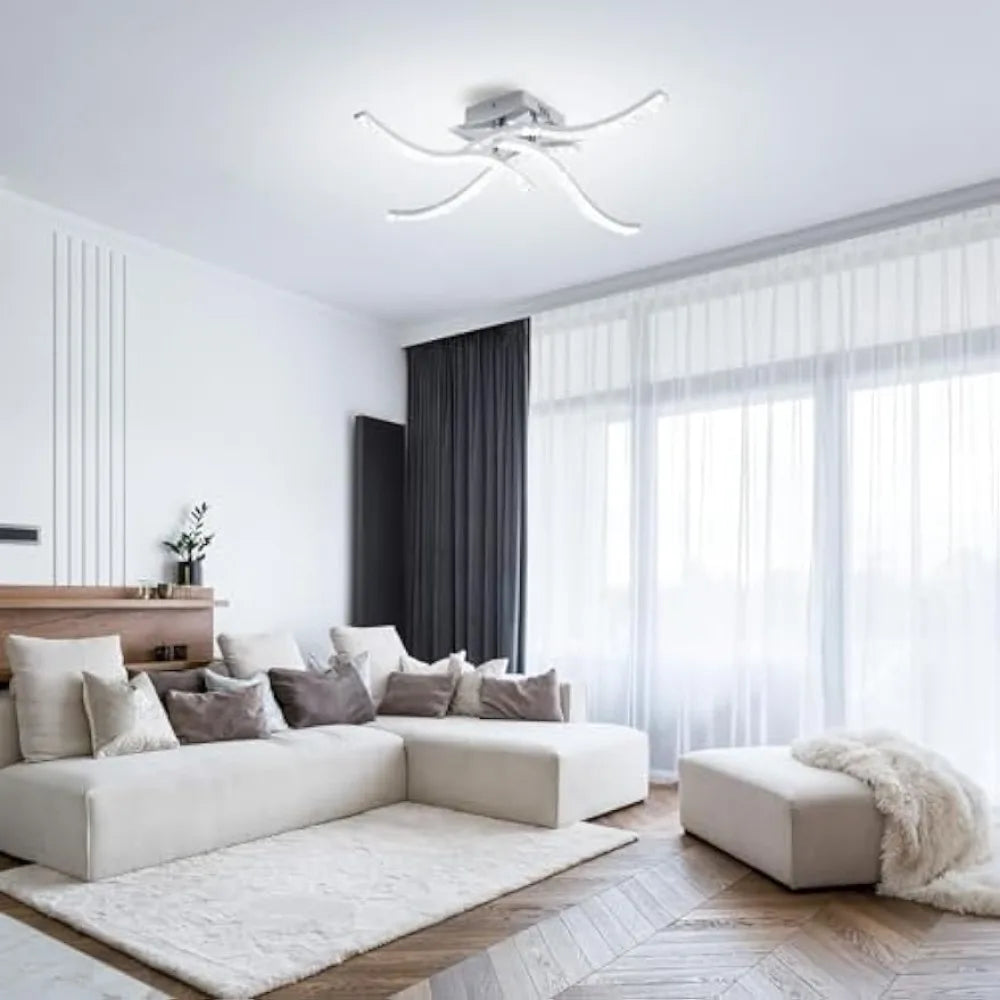 32W Led Ceiling Lamp, Metal Curved Ceiling Lamp Cold White 4 Cross Flamig Acrylic Ceiling Lighting Interior Bedroom Kitchen