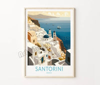 affiche rétro de voyage château et île de santorin art mural décoratif