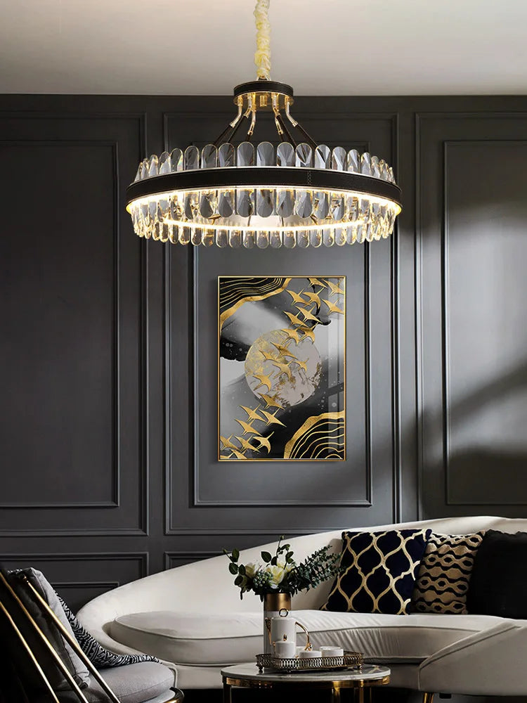 lustre en cuir led cristal luxueux rond suspendu moderne - vue 3 sur 24