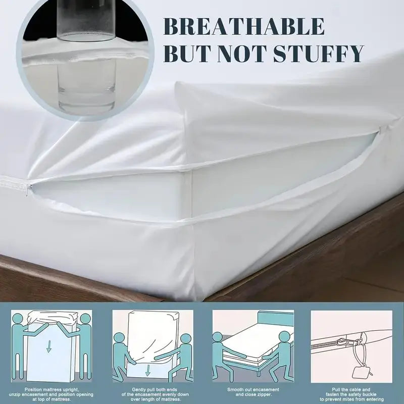 1pc 6-Sides Fully Enclosed Waterproof Mattress Cover With Zipper (Without Pillowcase), Dust-proof Mattress Protector Solid Color - vue 3 sur 8