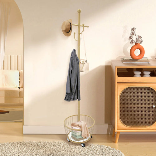 Standing Coat and Hat Hanger Organizer Rack with Mobile Wheel, Entryway Coat Hanger Stand with Storage Basket, Chic Home Tools - vue 5 sur 8