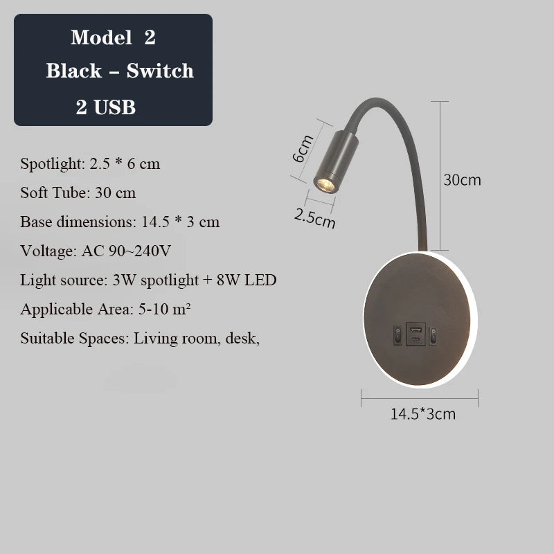 Moderne LED-Wandleuchte mit USB-Anschlüssen und Schalter