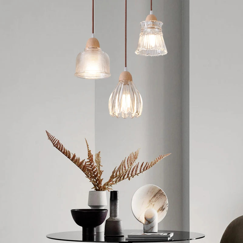 Lampe de chevet verre bois LED E27 Suspension - vue 3 sur 8