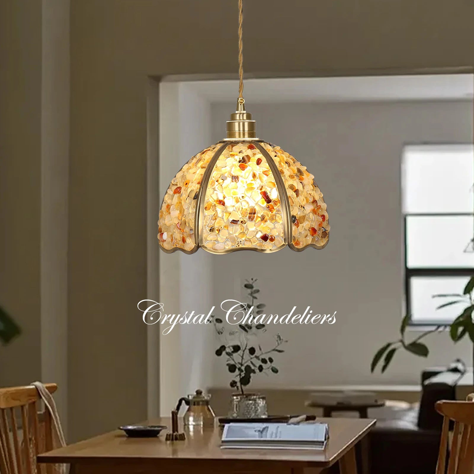 Suspension de luxe en cuivre et cristal naturel led - vue 3 sur 11
