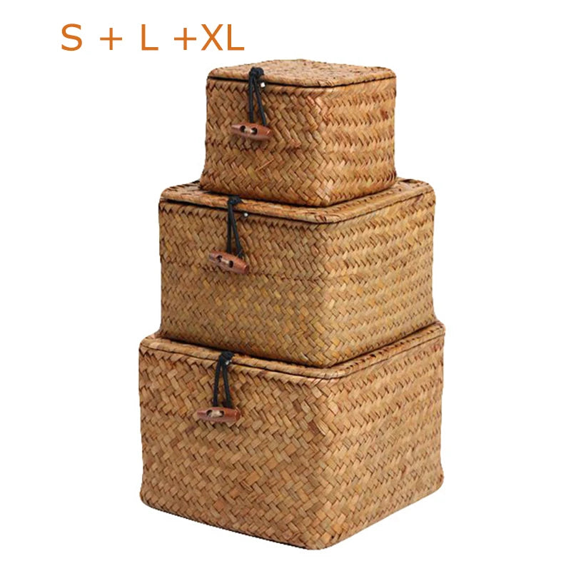 panier de rangement en algues tissé à la main avec couvercle - vue 15 sur 14