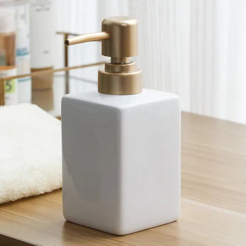 distributeur de savon en céramique avec pompe dorée pour salle de bain - vue 15 sur 17