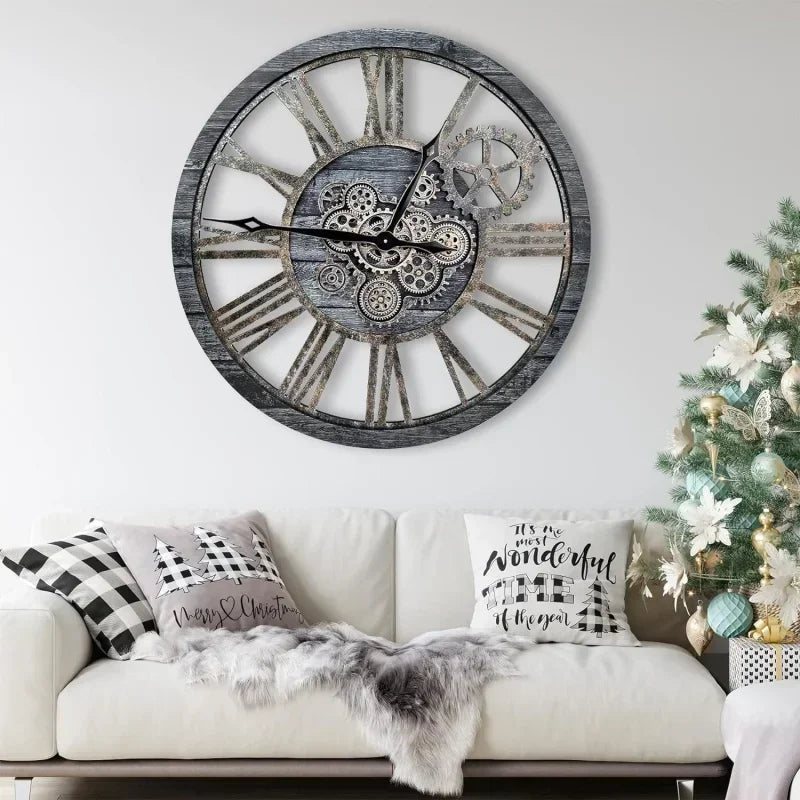 horloge murale en bois style rétro avec engrenages mobiles décorative - vue 4 sur 7