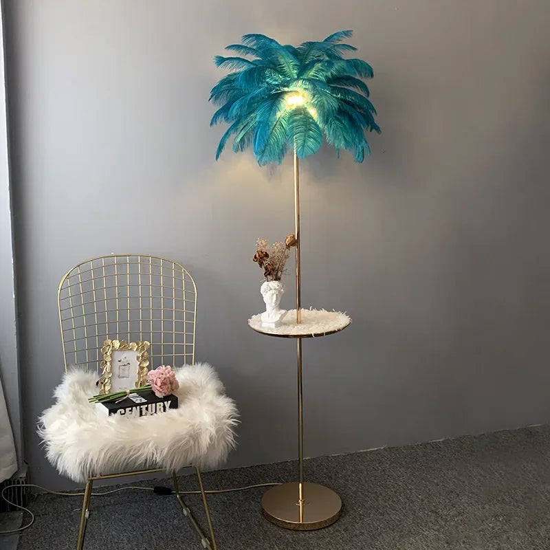 lampadaire décoratif en plumes d'autruche avec luminaire led - vue 4 sur 18