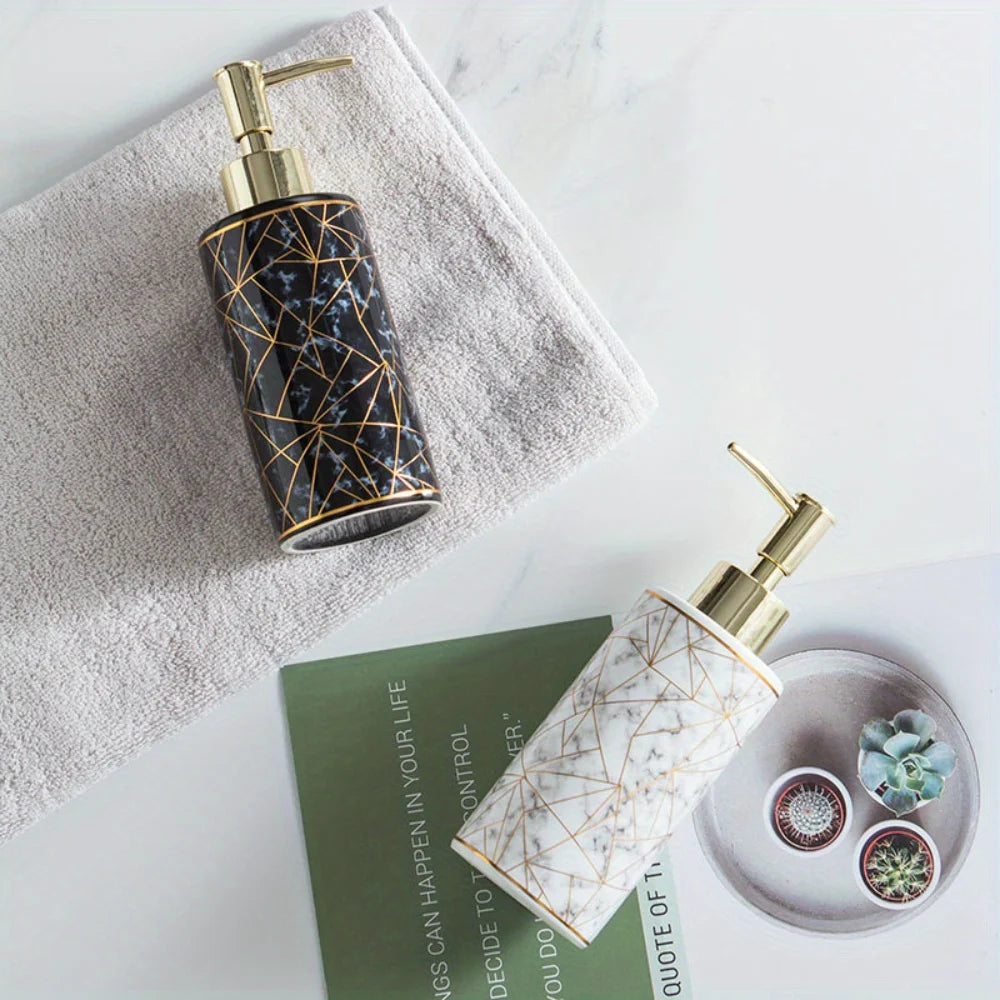 1pc Marble Pattern Ceramic Soap Dispenser,10.14oz Press Type Lotion Dispenser, Refillable Empty Bottle For Shampoo Shower Gel, B - vue 4 sur 8