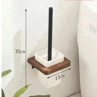 Wall-Mounted Toilet Brush Holder Set, Ceramic Base, Solid Wood, Luxury Bathroom Accessories, No Dead Corner