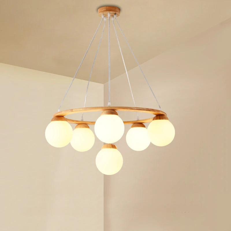 Suspension en bois avec boule de verre design moderne