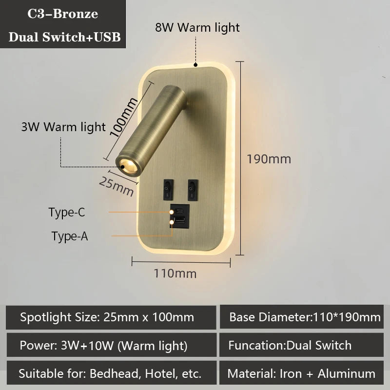 applique murale moderne avec ports usb et lampes de lecture réglables - vue 13 sur 16