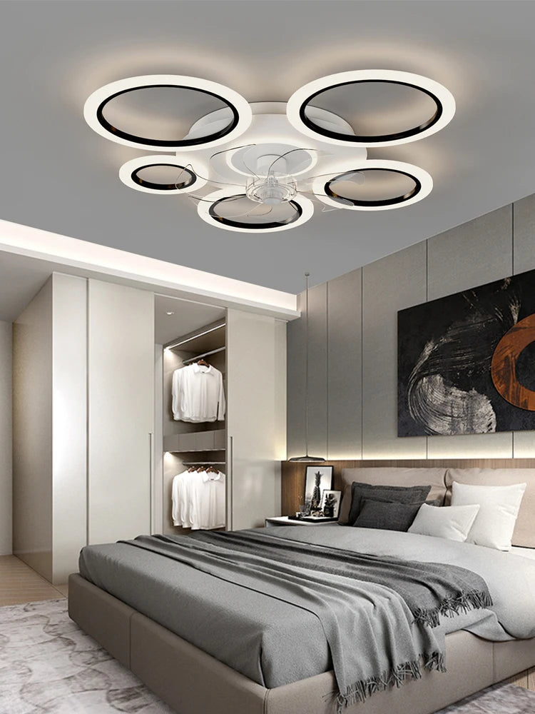 Modern white minimum circular fan light, simple living room ceiling fan light, intelligent control ceiling fan light - vue 4 sur 8