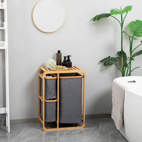 HOMCOM bamboo laundry hamper 3 removable fabric bags 50x32x69,7 cm - vue 3 sur 7