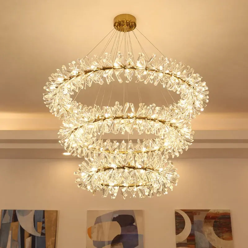 lustre en cristal moderne avec anneaux suspendus led de luxe - vue 4 sur 16