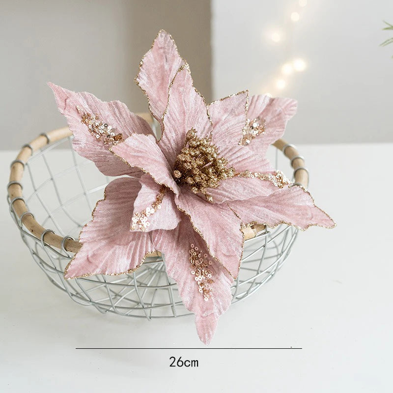 fleur de noël artificielle en velours pailleté décoration festive pour maison - vue 8 sur 12