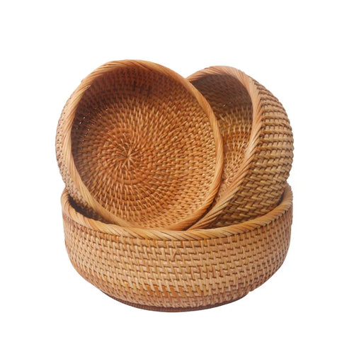 HEMU-Round Rattan Woven Basket, Wicker Fruit Basket, Bread Food, Kitchen Home Decor Organizer - vue 5 sur 12