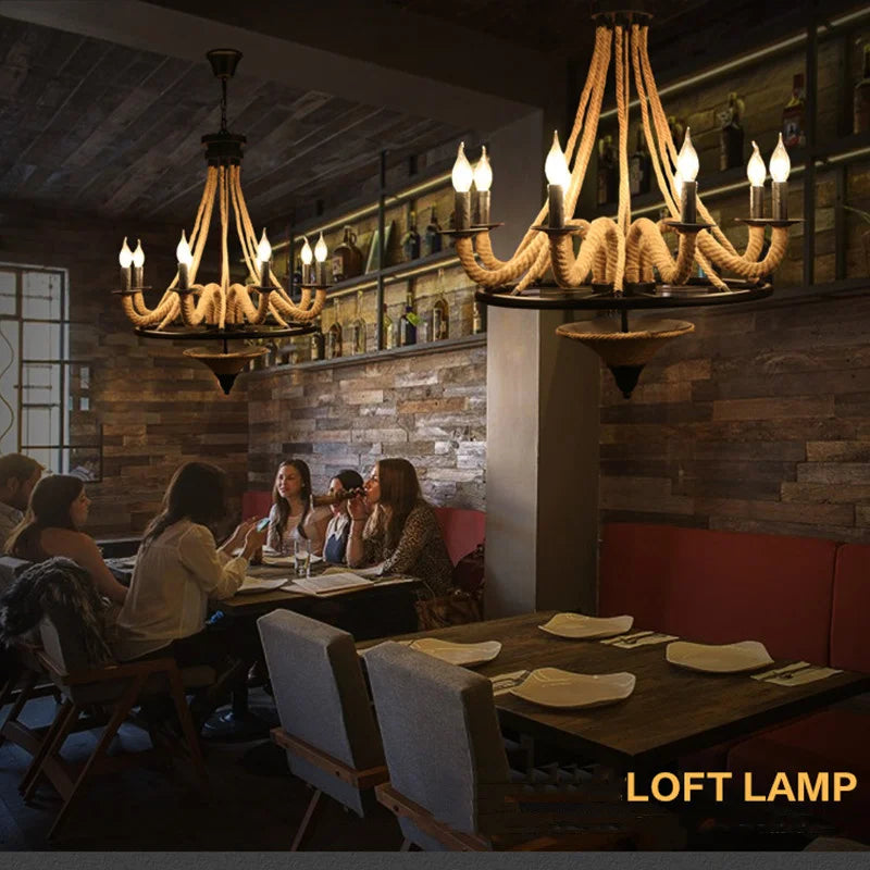 lustre loft américain en bois avec corde de chanvre industrielle - vue 4 sur 7