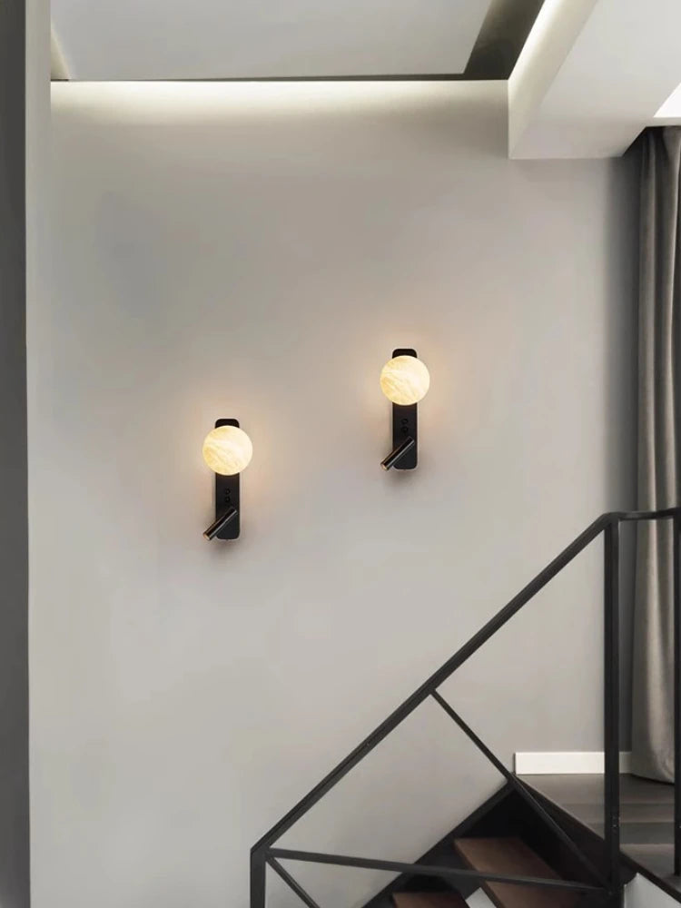 Modern Minimalist Black Rotatable All Copper Natural Marble Wall Lamp, Bedroom Bedside Lamp, Light Luxury Living Room Wall Lamp - vue 6 sur 7