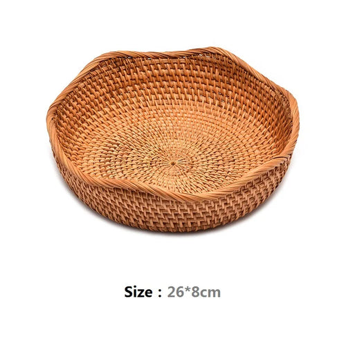HeMu-Round Rattan Woven Basket, Wicker Fruit Basket, Bread Food, Kitchen Home Decor, Organizer Breadbasket for Kitchen - vue 14 sur 13