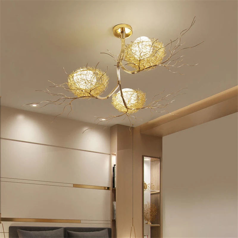 lustre moderne led en forme de nid d'oiseau en verre - vue 6 sur 15