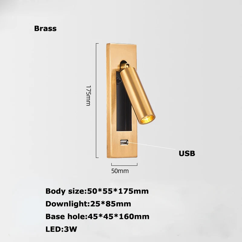 Black Brass Rectangular LED Wall Lamp Wall Sconce Wall Spotlight Reading Light with Switch and USB Port, Rotatable For Bedroom - vue 14 sur 22
