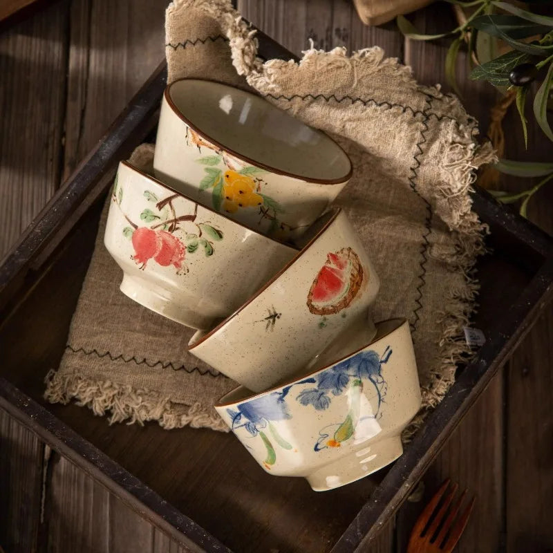 bol ceramique retro asiatique motif floral soupe riz