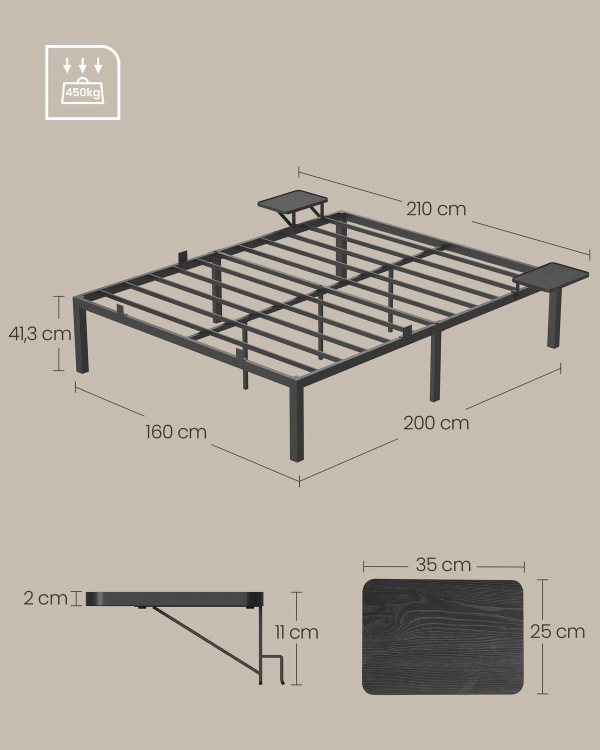 VASAGLE Single Bed Frame, Metal Bed Frame, with Bedside Shelves, Guest Bed Frame, for 90 x 190 cm Mattresses, Easy Assembly - vue 5 sur 7
