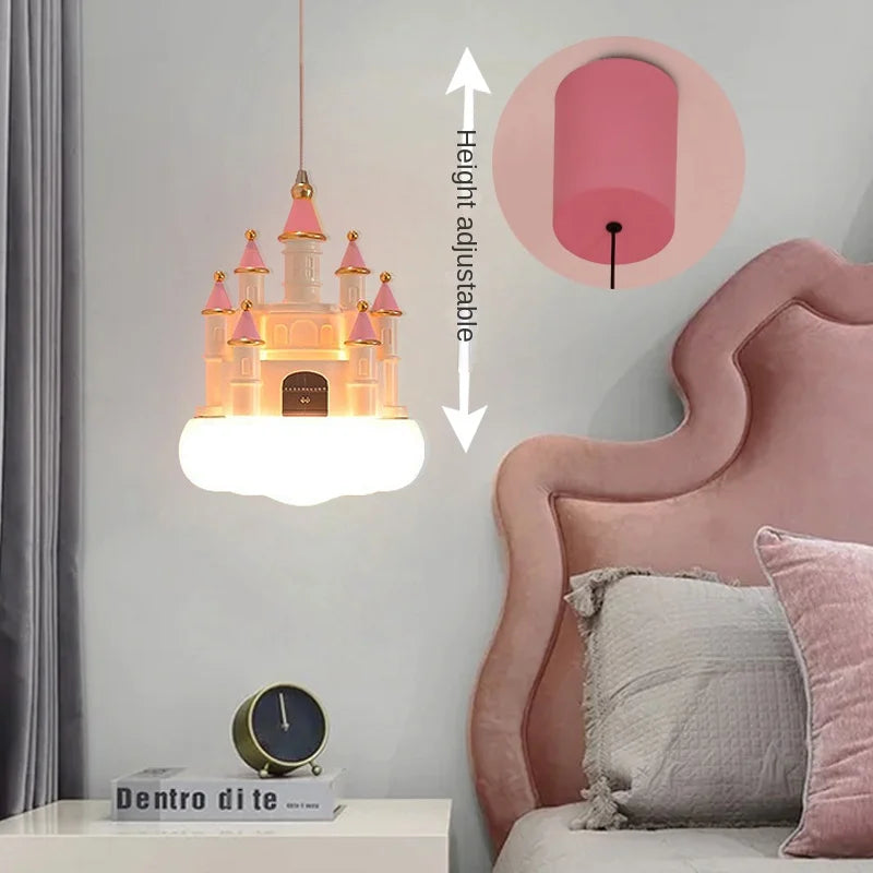 SANDYHA Lustre Chambre de Fille Château Rose Suspension Nuage Chambre d'enfant Décoration de la Maison Chevet LED Luminaire Suspendu - vue 7 sur 8