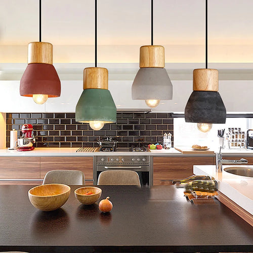Pendelleuchte im nordischen Loft-Stil aus Holz und Zement, E27, 4 Farben, modern für Restaurant, Wohnzimmer, Café, Schlafzimmer, bunte Dekoration - vue 2 sur 10