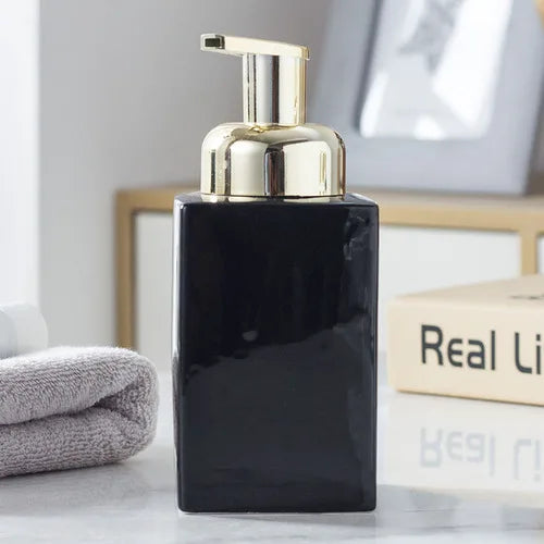 distributeur de savon en céramique avec pompe dorée pour salle de bain - vue 11 sur 17