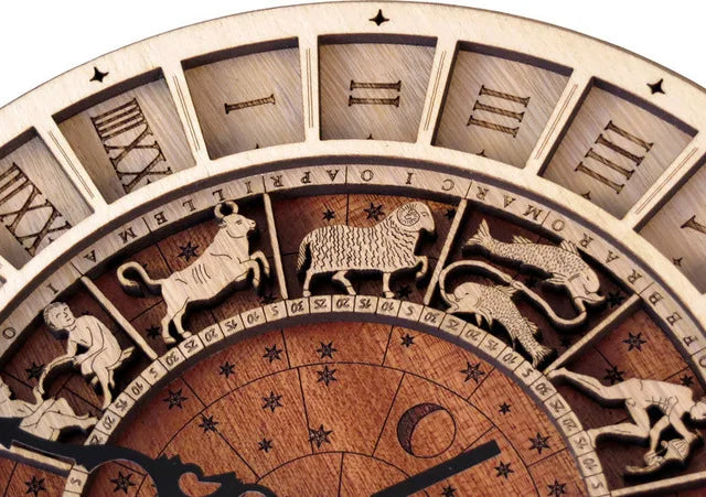 horloge en bois avec signes du zodiaque et constellations art déco - vue 5 sur 7