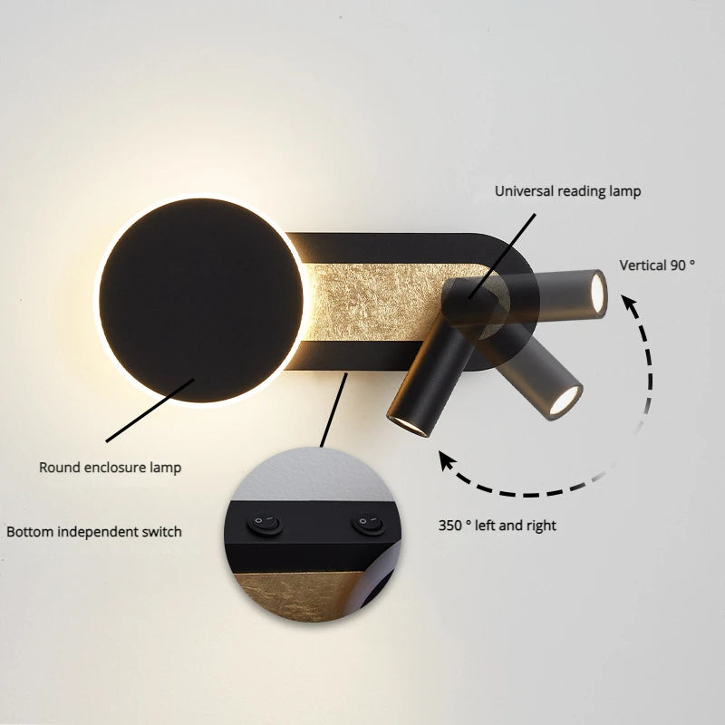 applique murale led nordique moderne rotative 350° avec interrupteur - vue 4 sur 8