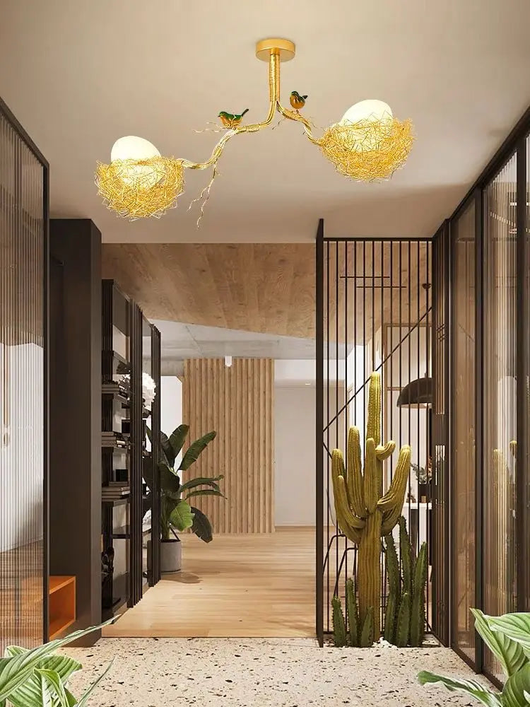 lustre led moderne en forme de nid d'oiseau avec boule de verre - vue 6 sur 14