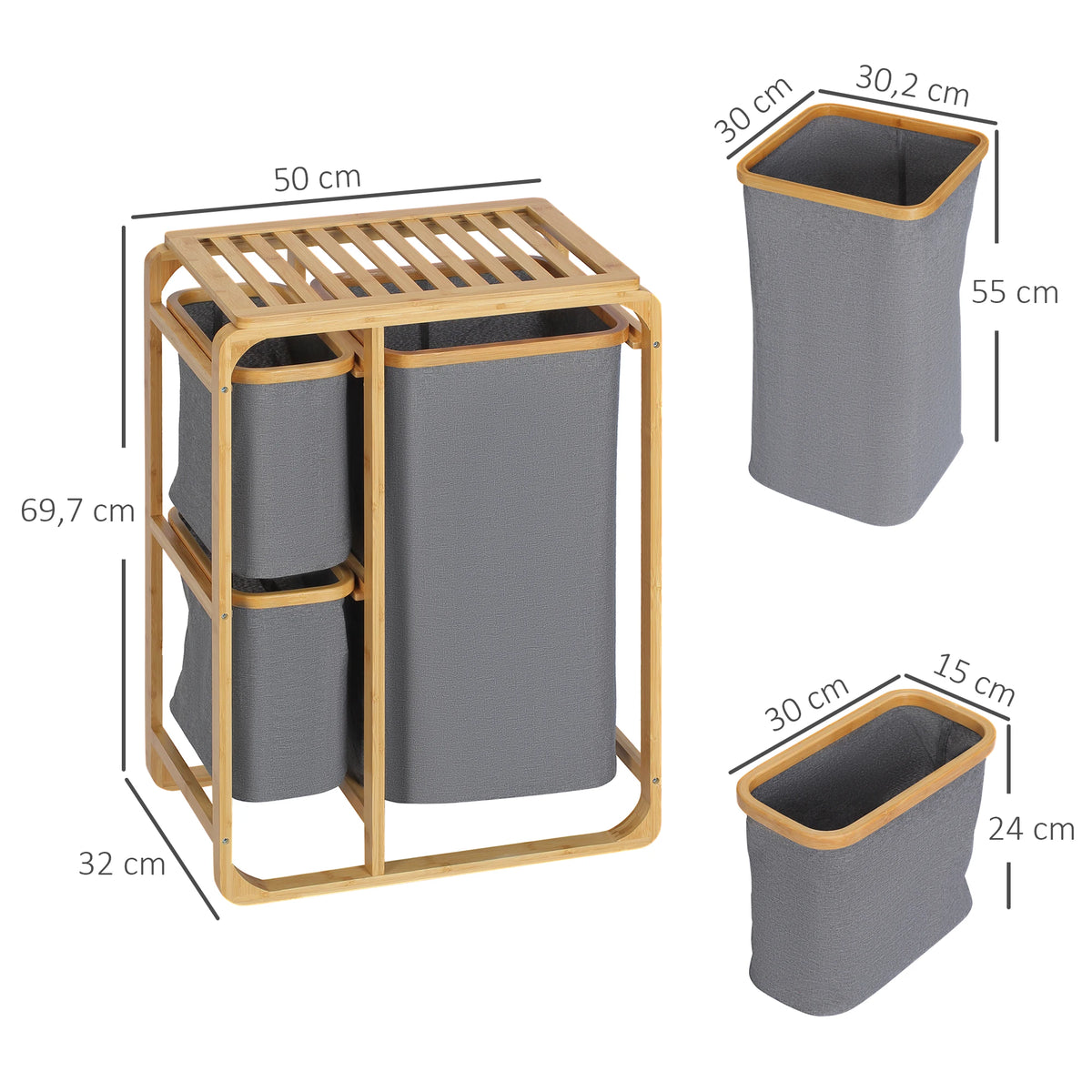 HOMCOM bamboo laundry hamper 3 removable fabric bags 50x32x69,7 cm - vue 3 sur 7