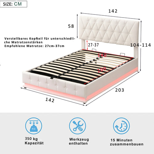 Upholstered Bed 140 x 200 cm with LED Lighting, Double Bed with Slatted Frame and Storage Space,No Mattresses - vue 5 sur 7