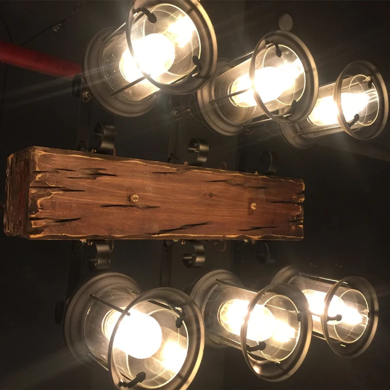Lustre rétro en bois massif pour salle à manger Bar LOFT bois diverses formes Suspension décor intérieur Luminaire - vue 4 sur 24