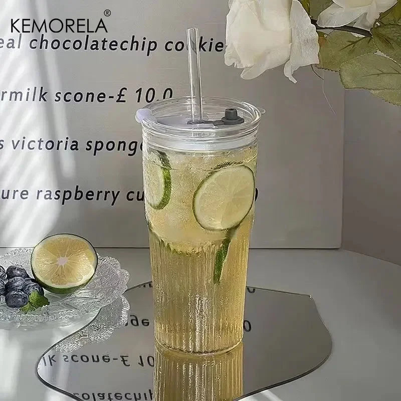 Gobelet verre rayé 600 ml avec couvercle paille - vue 4 sur 8