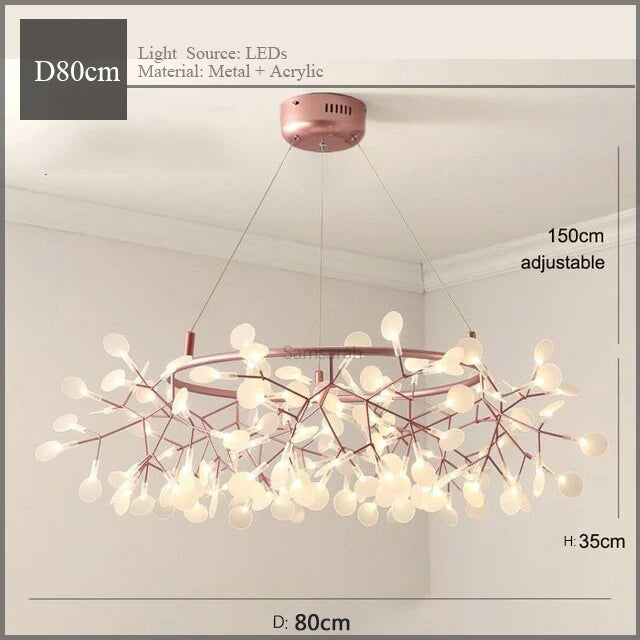 2024 Nordic Hanging Living Room Chandelier Large Modern Kitchen Firefly Lamp Rose Gold Black Branch Round Chandelier Lighting
