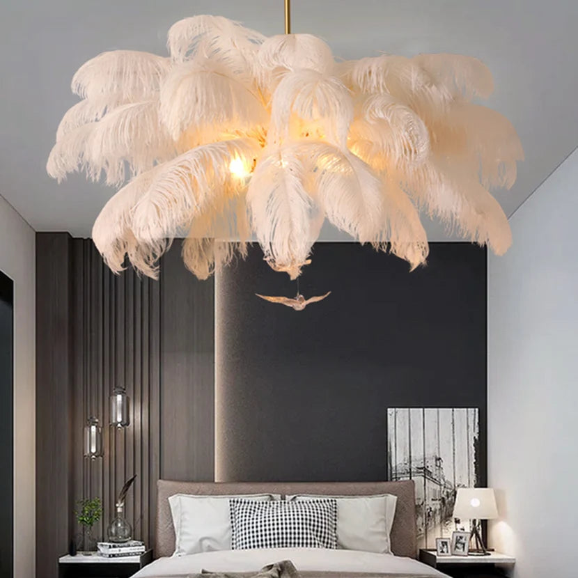 LED-Kronleuchter Sandyha mit Straußenfedern Luxus Pendelleuchte - vue 3 sur 13