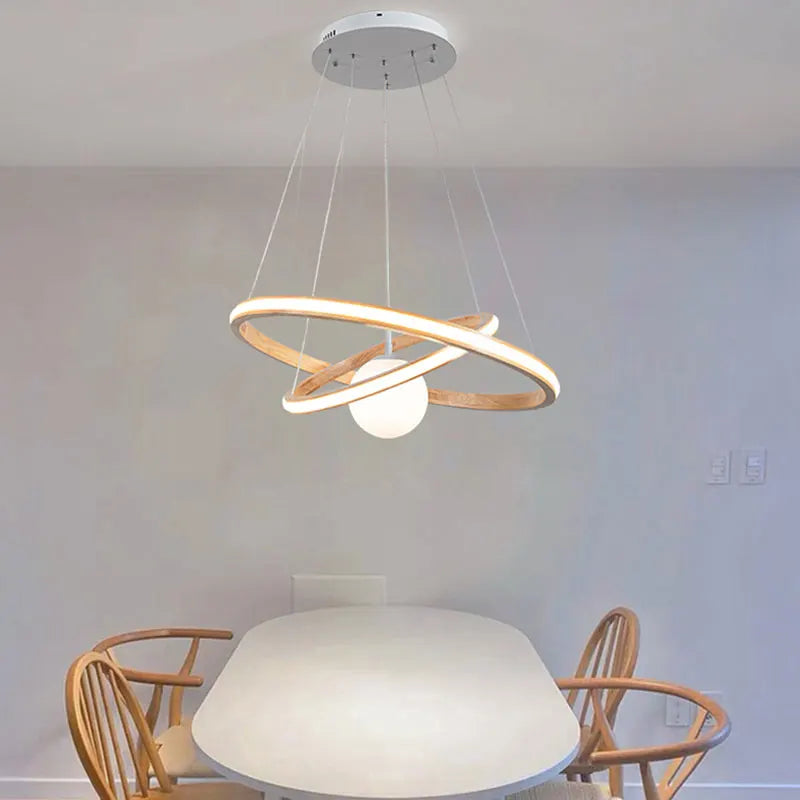 lustre en bois moderne avec anneaux lumineux et verre - vue 4 sur 9
