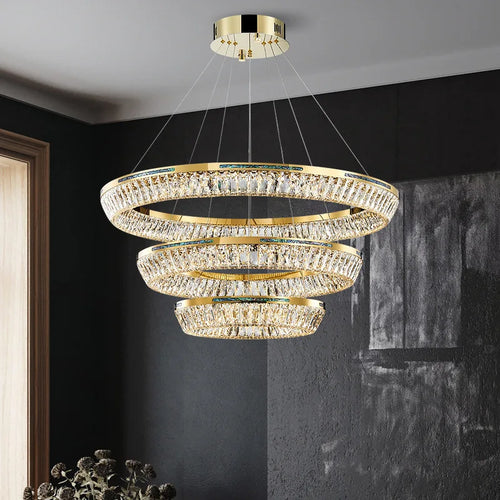 lustre moderne en cristal et cuivre trois couches éclairage intérieur