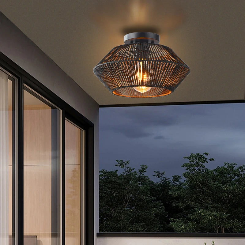 Plafonnier tissé de vigne rétro noir lampe tissée couloir silencieux chambre plafonnier tissé de vigne - vue 8 sur 7