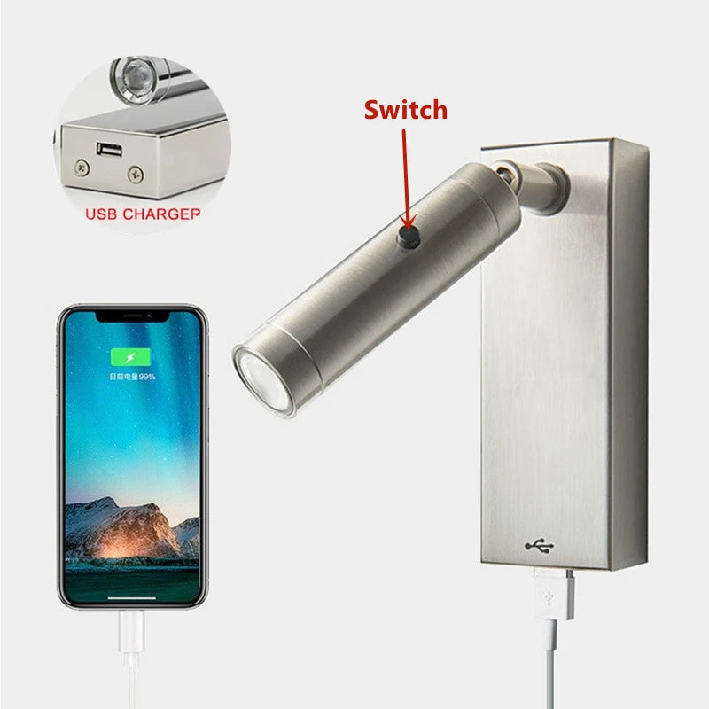 3W LED Reading Wall Lamp With Switch DC5V USB Charging Port Bedside 350 Degree Rotation Bedroom Hotel Headboard Sconces Light - vue 5 sur 7
