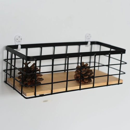 panier de rangement suspendu en métal et bois pour cosmétiques