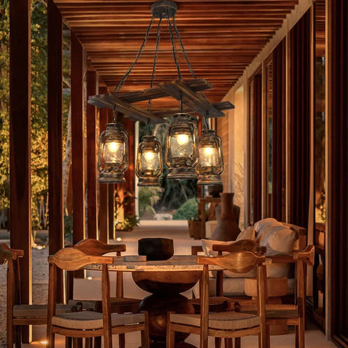 lustre rétro en bois et verre pour décoration élégante