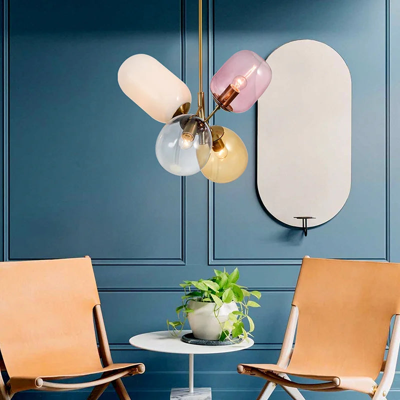 Postmoderne Pendelleuchte aus buntem Glas für Wohnzimmer, Schlafzimmer, Esszimmer, E27, LED - vue 3 sur 5