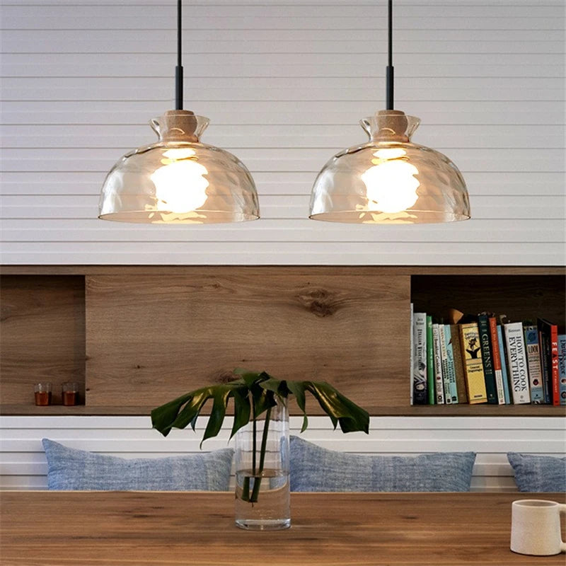 suspension led en verre grain d'eau et bois nordique rétro - vue 5 sur 11