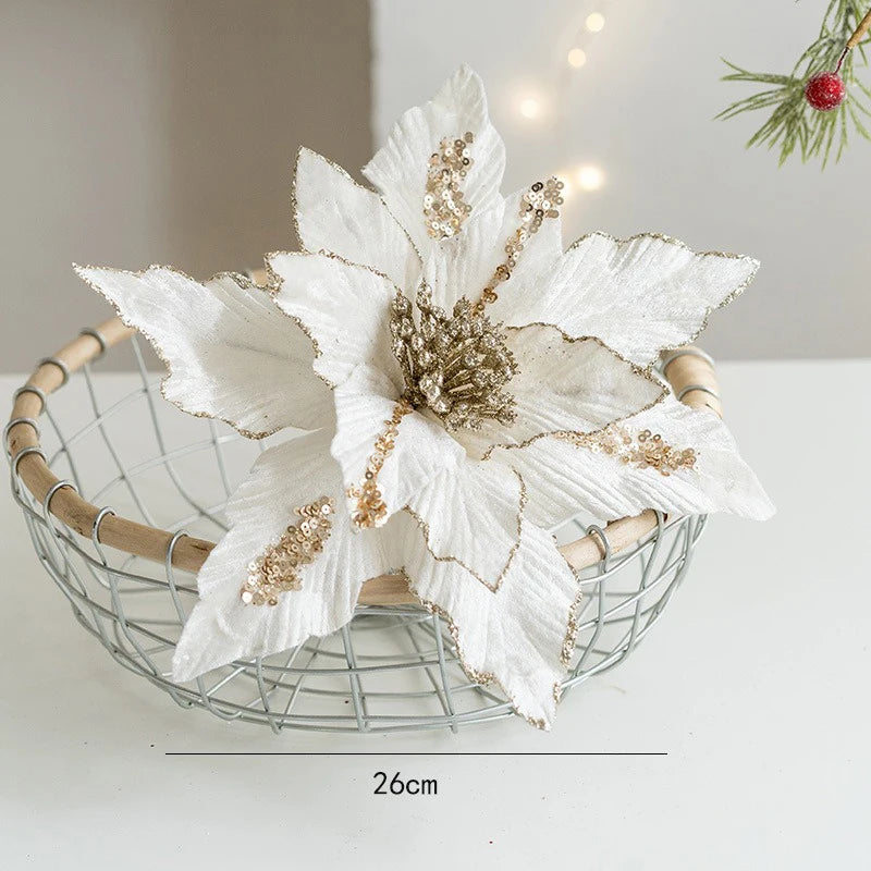 fleur de noël artificielle en velours pailleté décoration festive pour maison - vue 9 sur 12