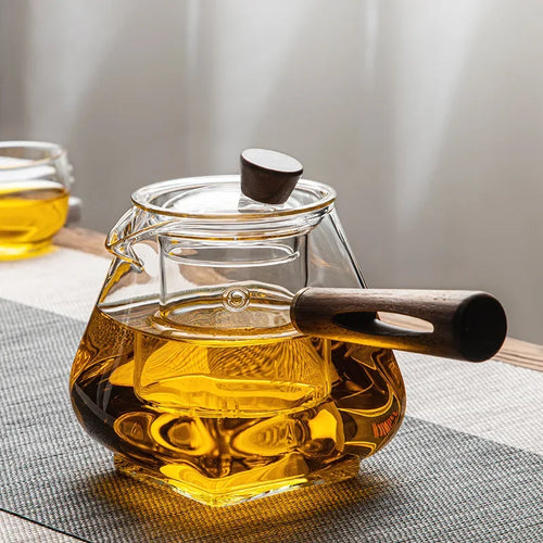 Théière verre borosilicate poignée bois résistante chaleur